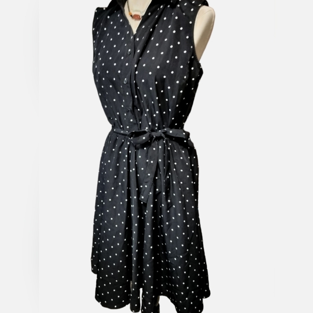 2561) Larry Levine Black White Sleeveless Polkadot Belted Midi Dress Size Large